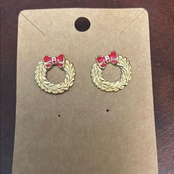 Gold Wreath Earrings with Red Bow - Picture 2 of 5